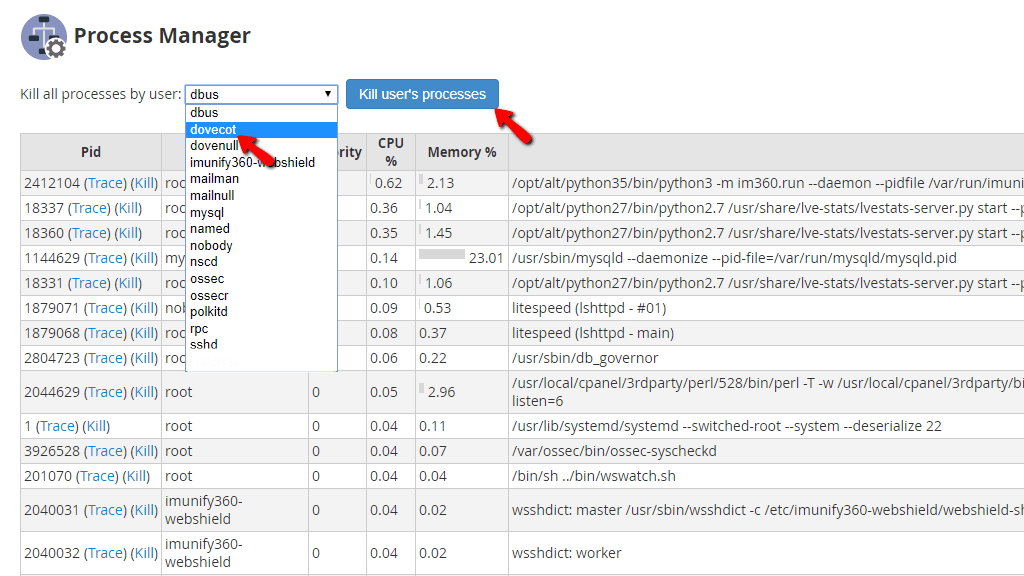 Example of killing all dovecot processes