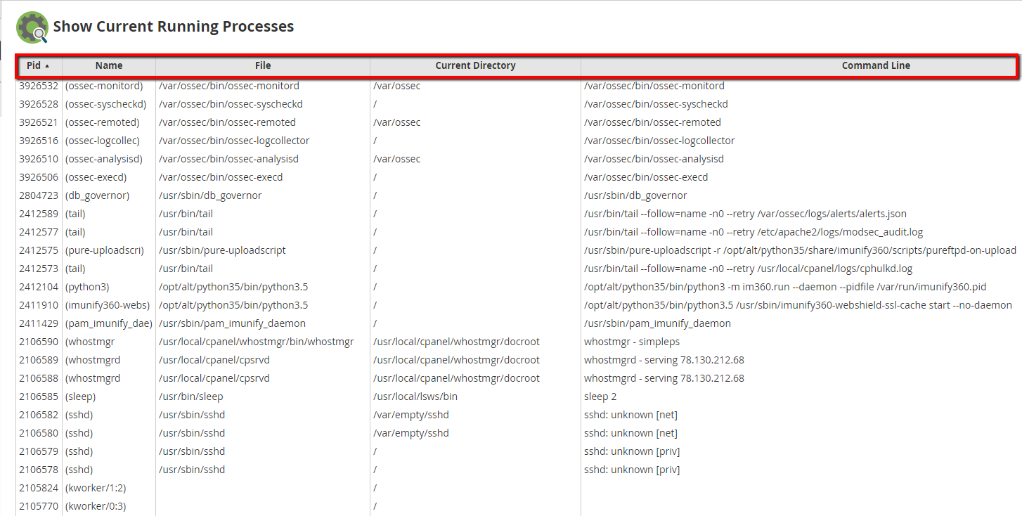 Explanation of the processes list table