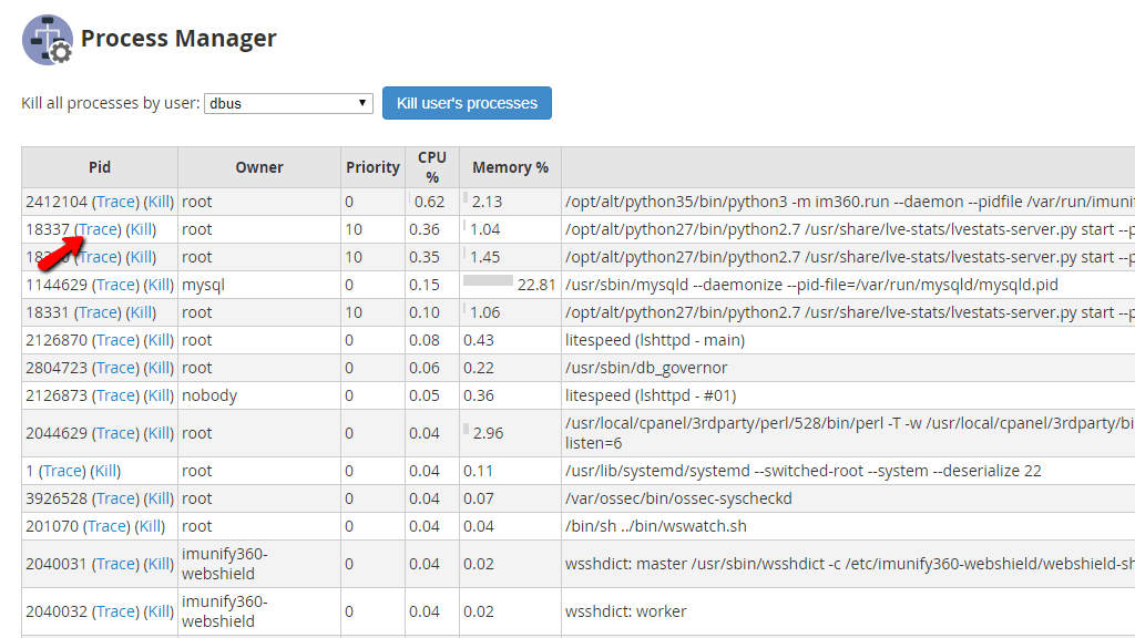 Tracing a process in the process manager
