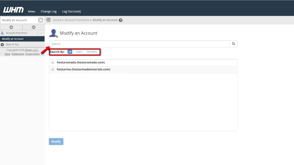 Filtering cPanel accounts