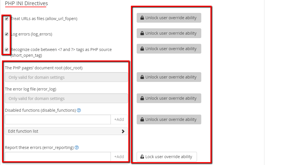 PHP INI Directives section