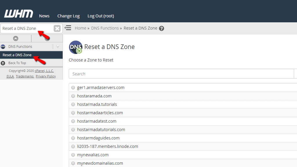 Accessing the Reset a DNS Zone feature
