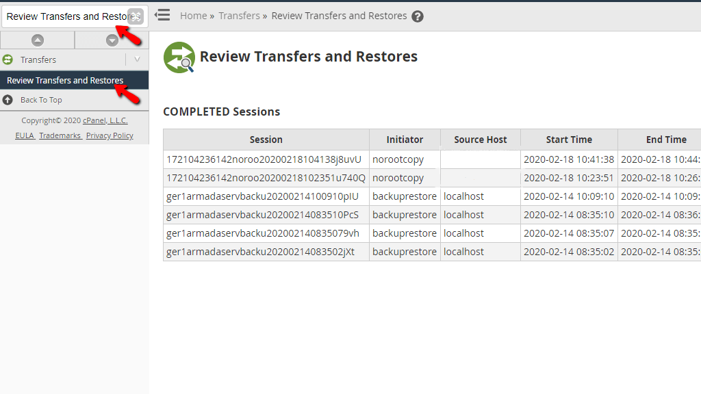 Accessing the Review Transfers and Restores feature