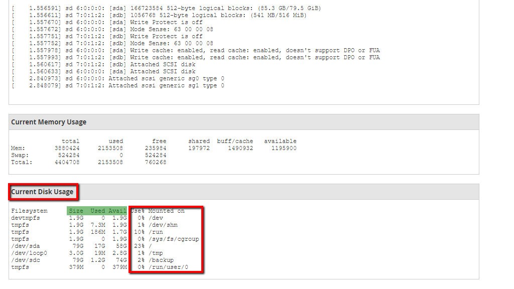 Current Disk Usage section