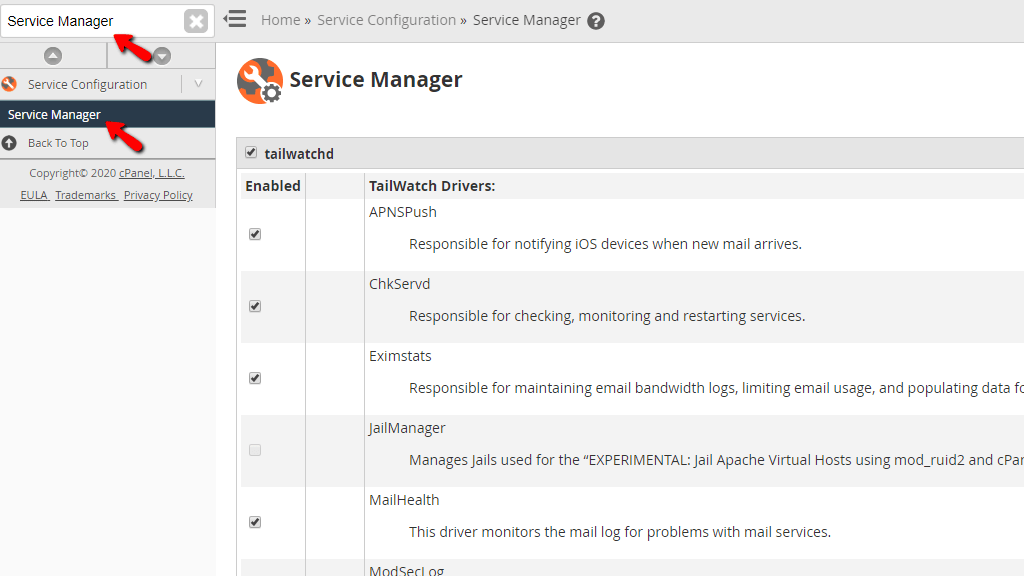 Accessing the Service Manager feature in WHM