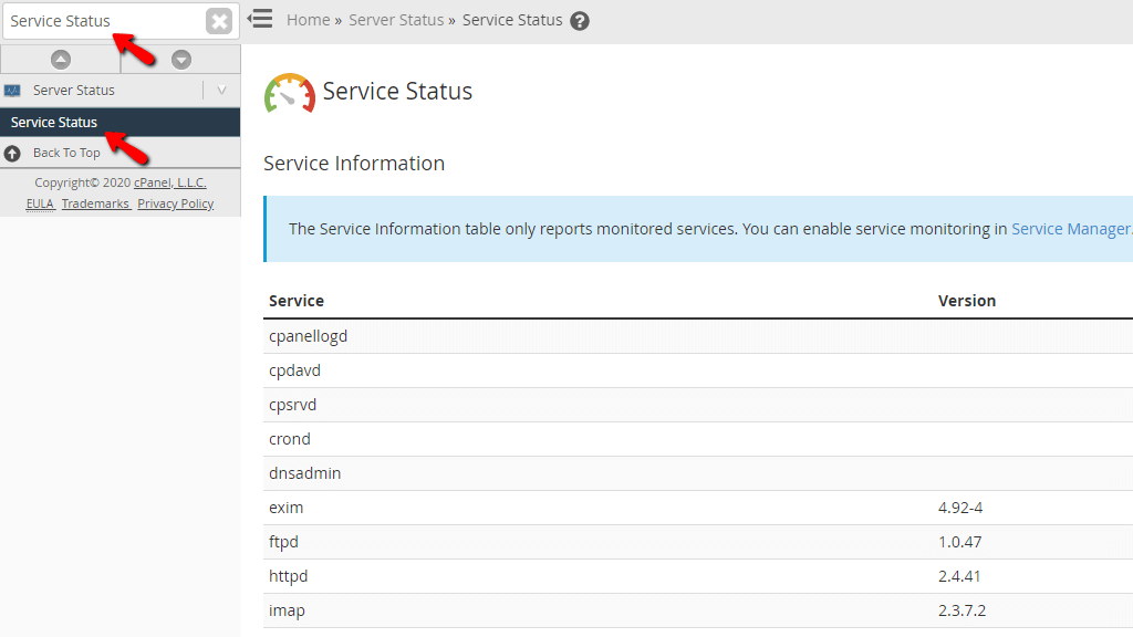 Accessing the Service Status feature in WHM
