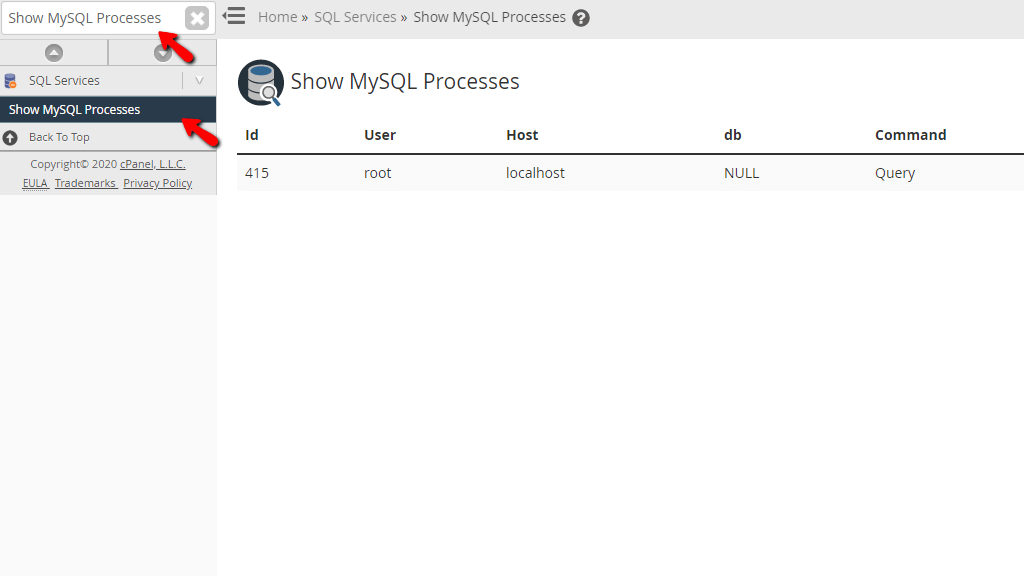 Accessing the Show MySQL Processes feature