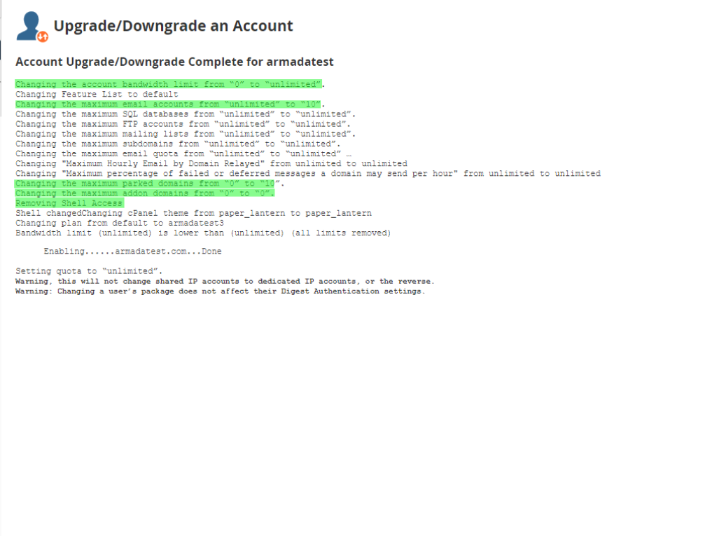 Cpanel account changelog screen