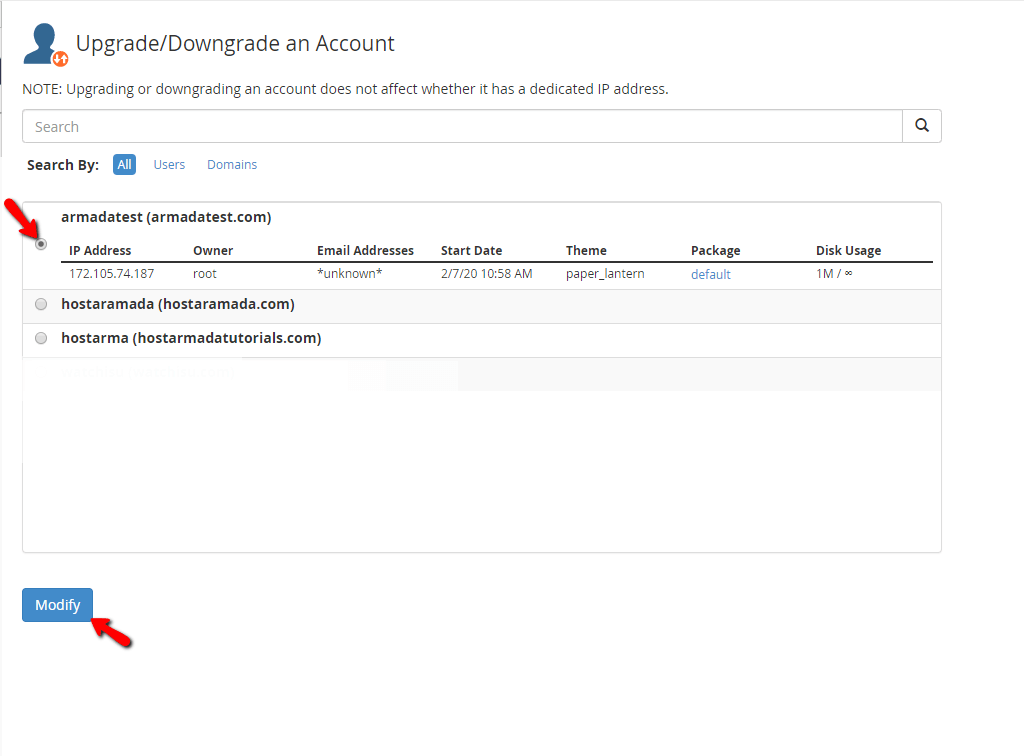 Filtering cPanel accounts
