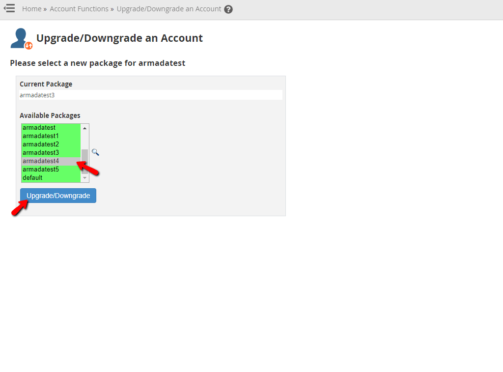 Upgrade/Downgrade cPanel account