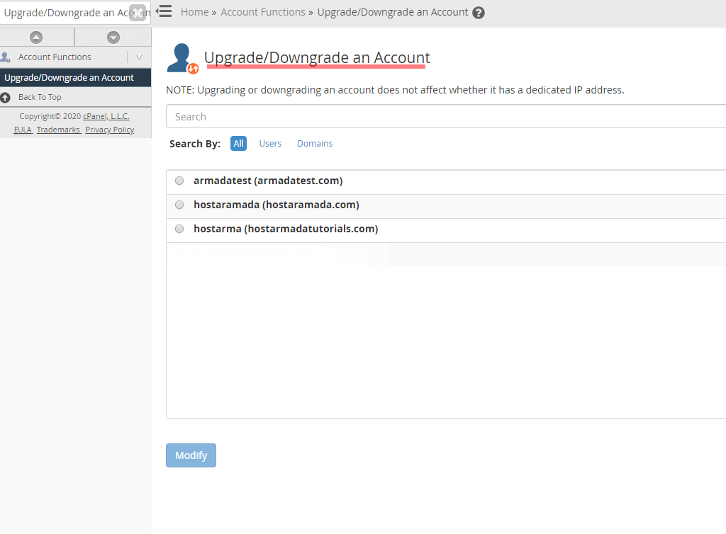 Upgrade/Downgrade an Account page