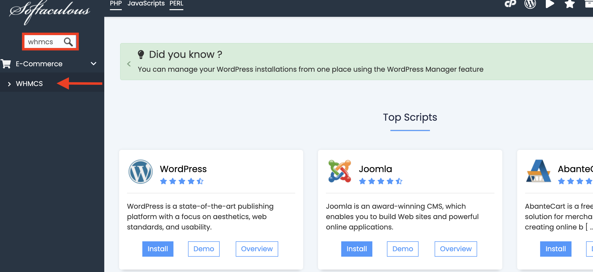 find-whmcs-in-softaculous