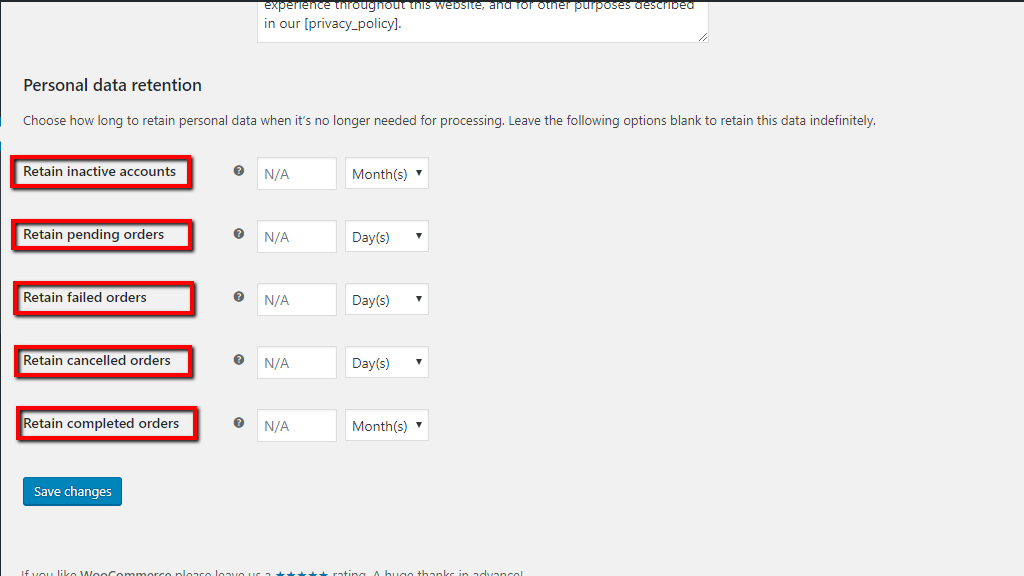 Configuring Personal data retention settings