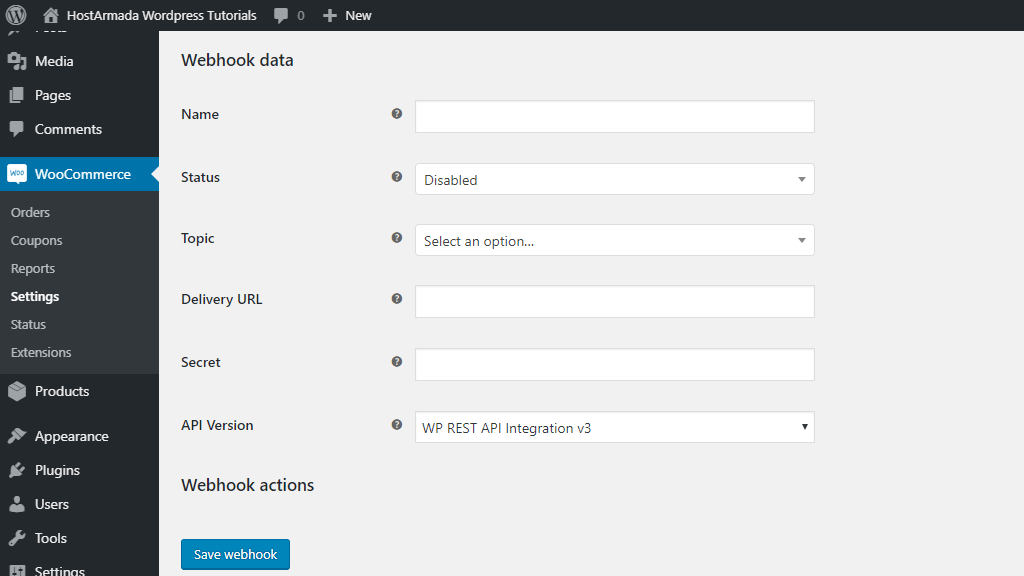 Webhook data configuration