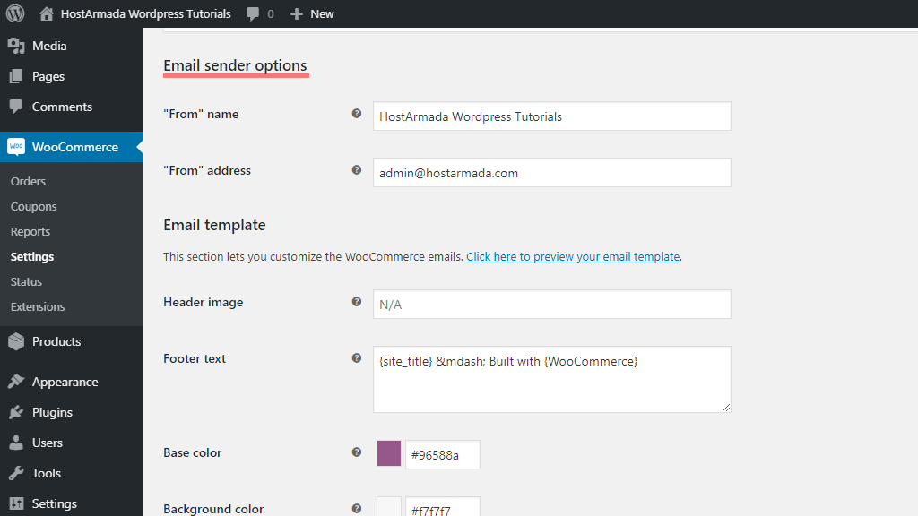 Configuring Email sender options