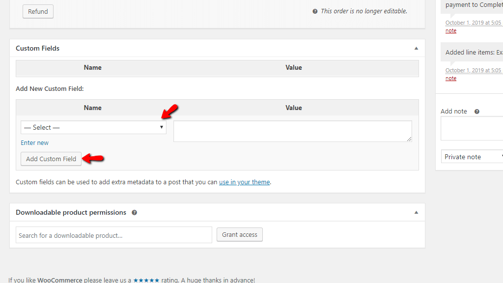 Order Custom Fields section