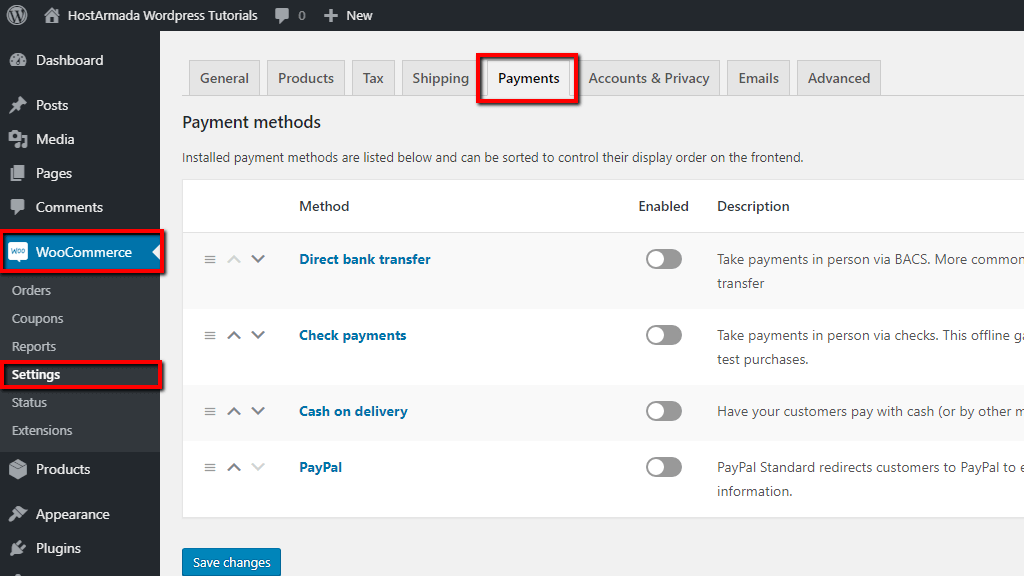 Accessing the Payments Settings page