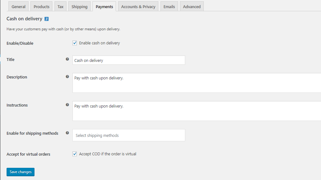 Configuring the Cash on delivery gateway