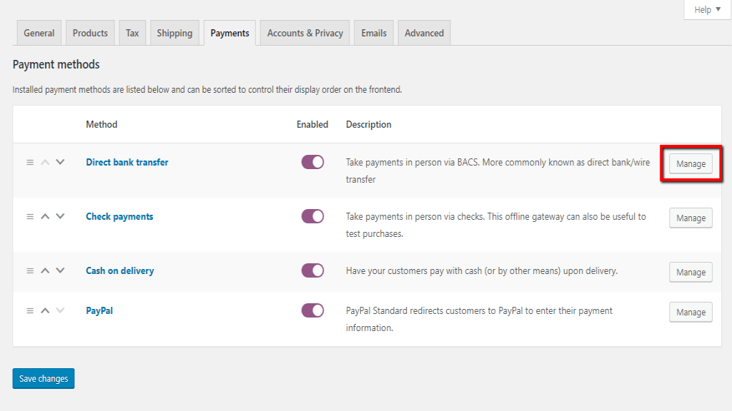 Accessing the Direct bank transfer settings