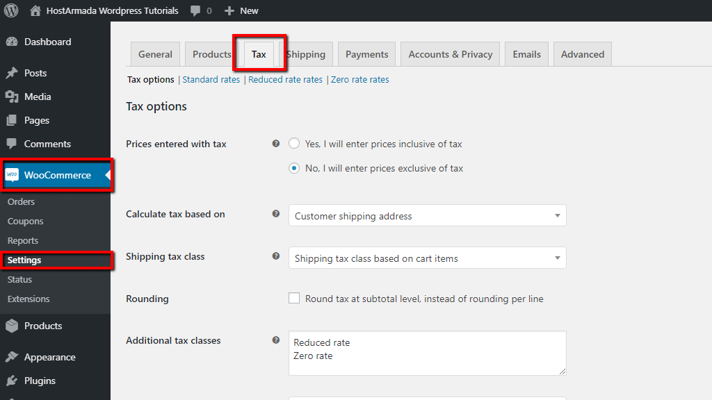 Accessing the Tax Settings tab