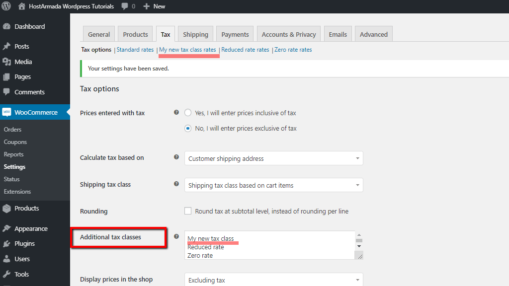 Configuring the Additional tax classes option