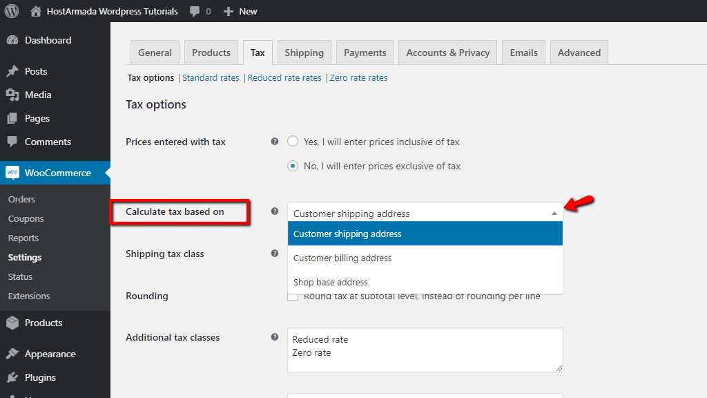 Configuring the Calculate tax based on option