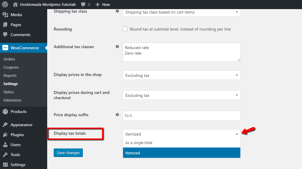 Configuring the Display tax totals option