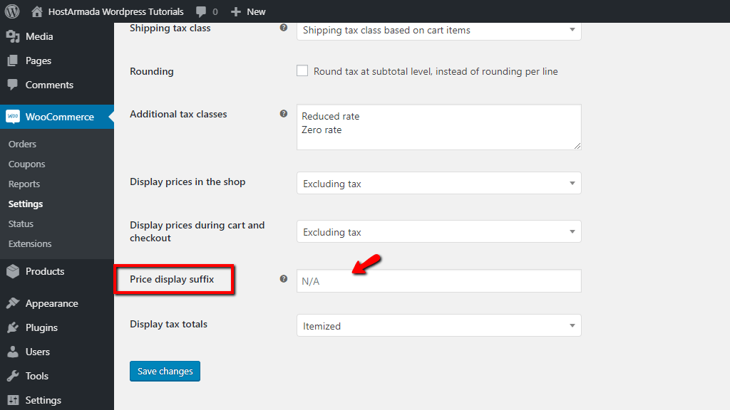 Configuring the Price display suffix option