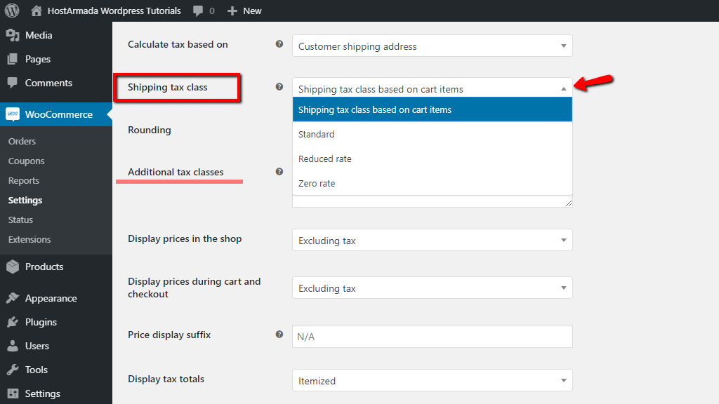 Configuring the Shipping tax class option