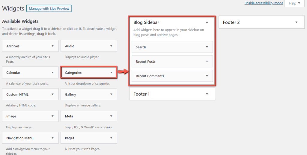 Add WordPress Widget to widget-area