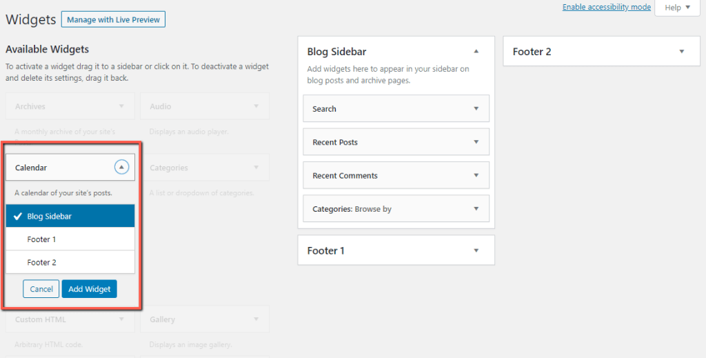 Select Widget Area Submenu