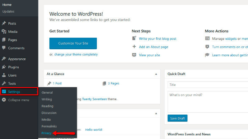 Accessing the privacy settings in Wordpress