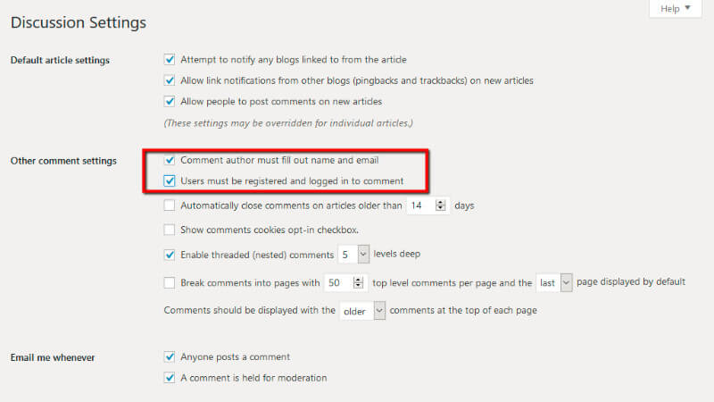 Wordpress comment settings