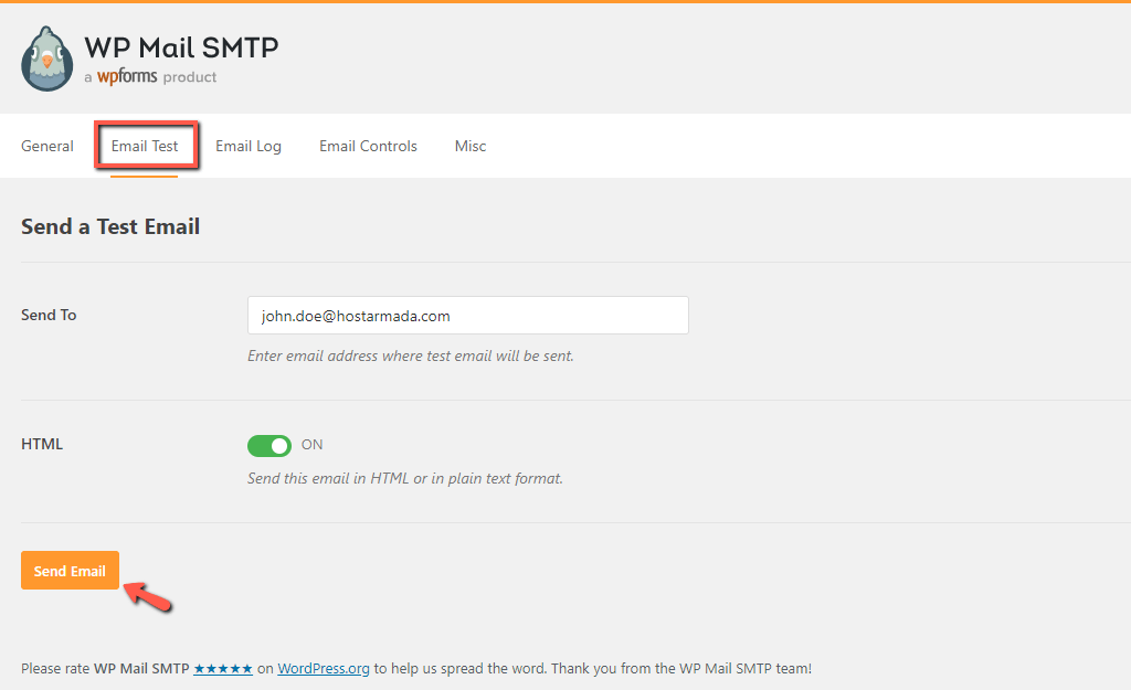 Send WordPress SMTP Test Email