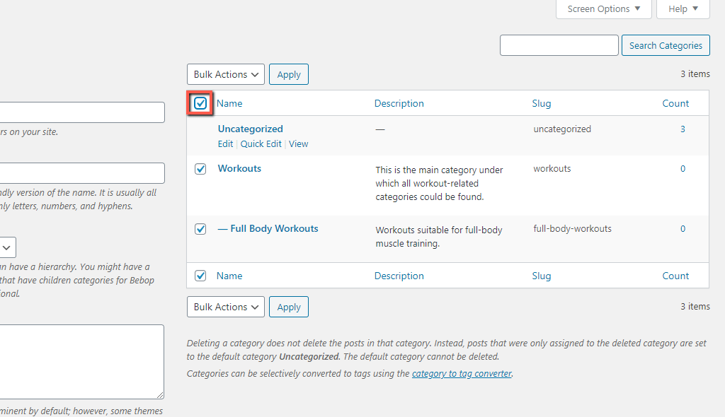 Select Categories to Delete