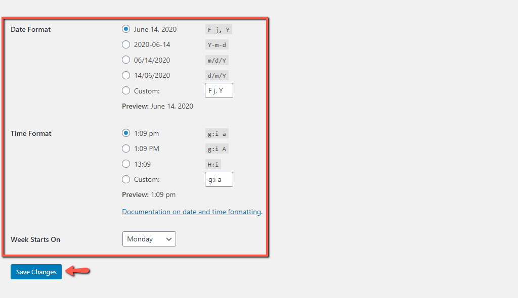WordPress Date Format, Time Format, and Start Weekday