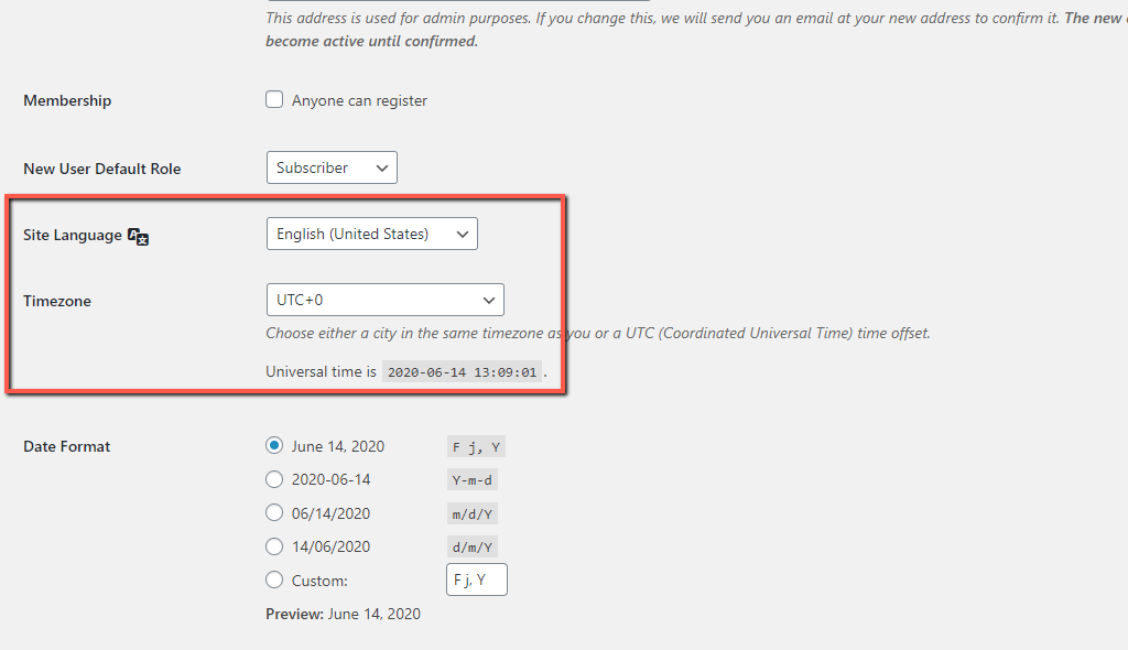 WordPress Site Language and Timezone