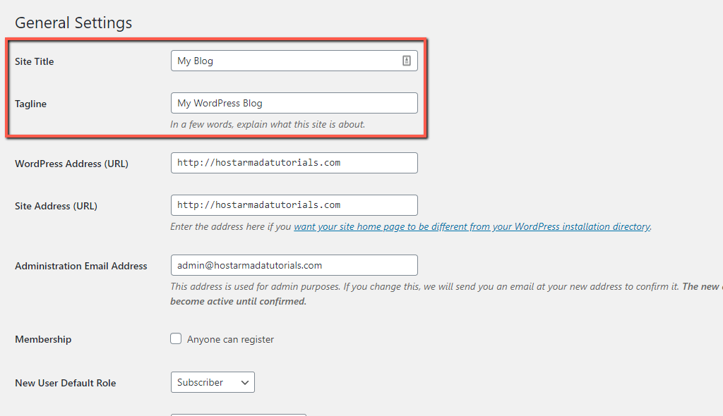 WordPress Site Title and Slogan