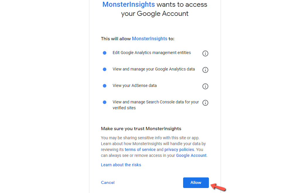 Allow MonsterInsights access to Google Account