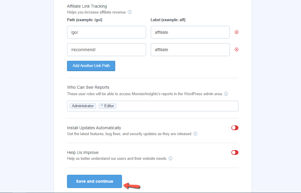 MonsterInsights Affiliate Tracking and User Roles settings