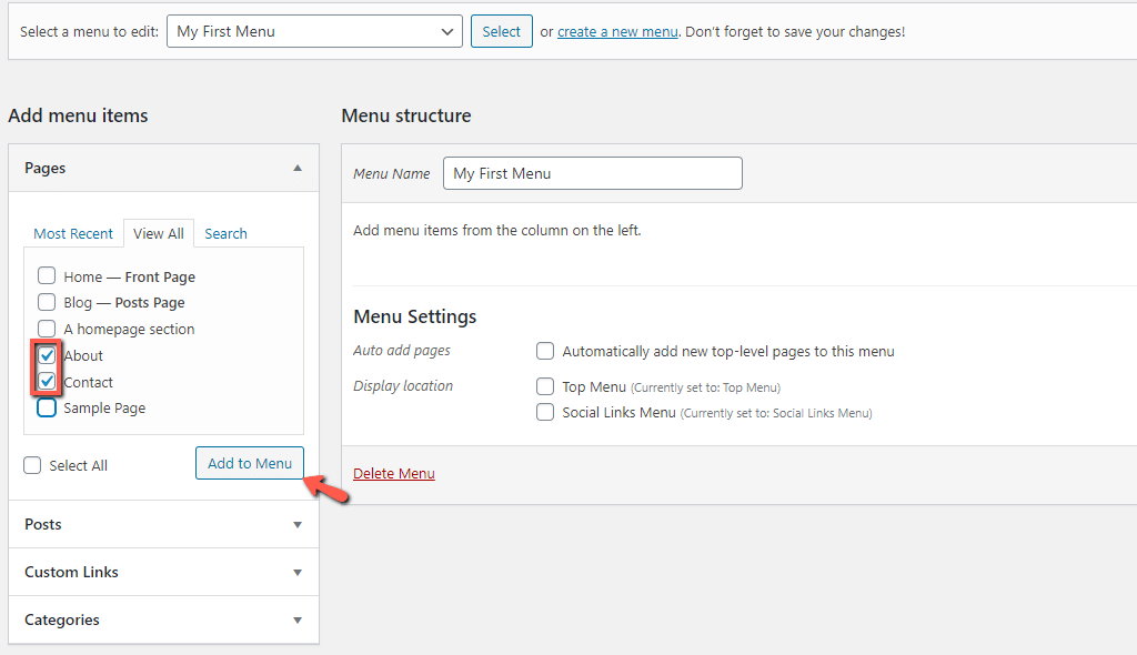 Select Pages to Add to a WordPress Menu