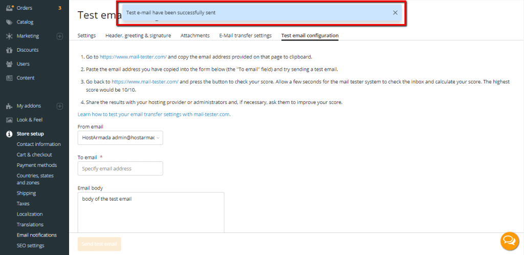 Test email successfully sent message